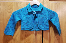 Hand Knit Size Age 4-6 Girls Bright Teal Flower Button Cropped Cardigan Sweater