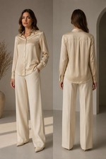Max Mara Weekend Silk Blouse Shirt Beige Long Sleeve Button Front Women