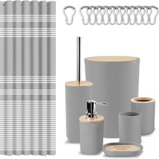 Britimes Bathroom Accessories Set, Grey Shower Curtain Set with Trash Can, Soap