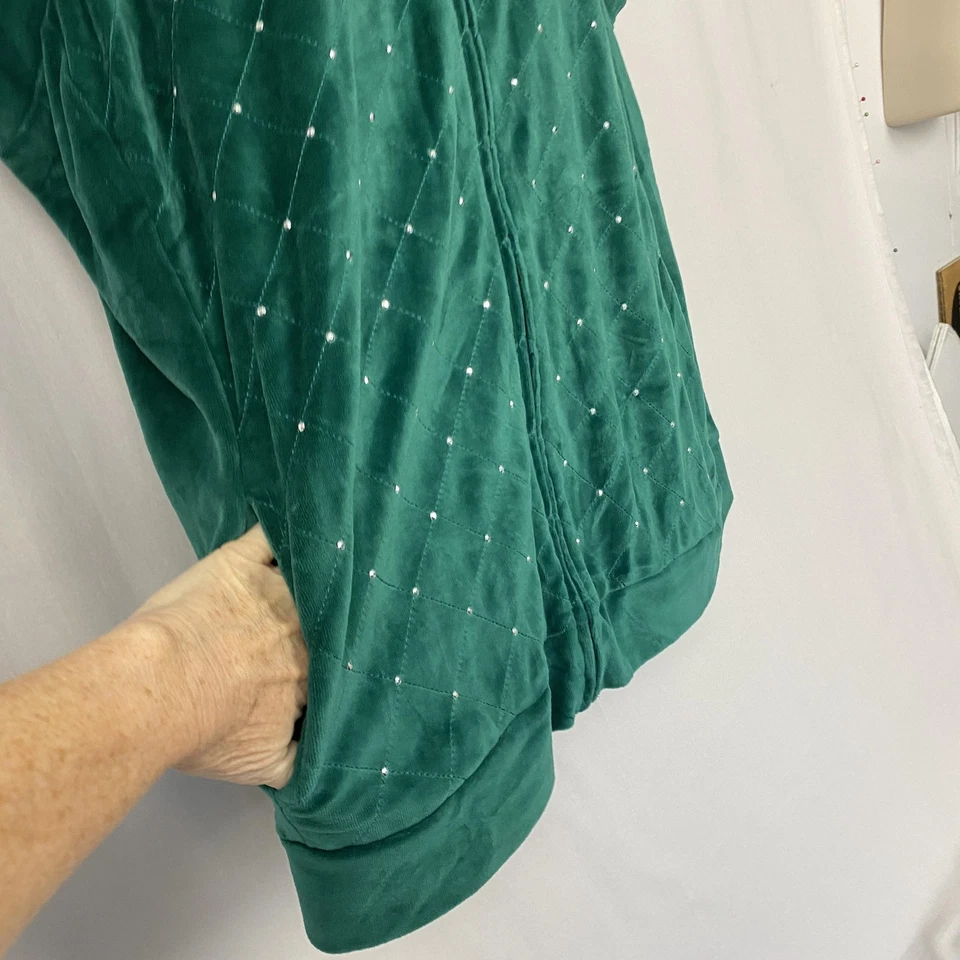 Quacker Factory Sparkle Velour Vest 1X Green Rhinestone Quilted Christmas Zip Up - Image 2 of 4