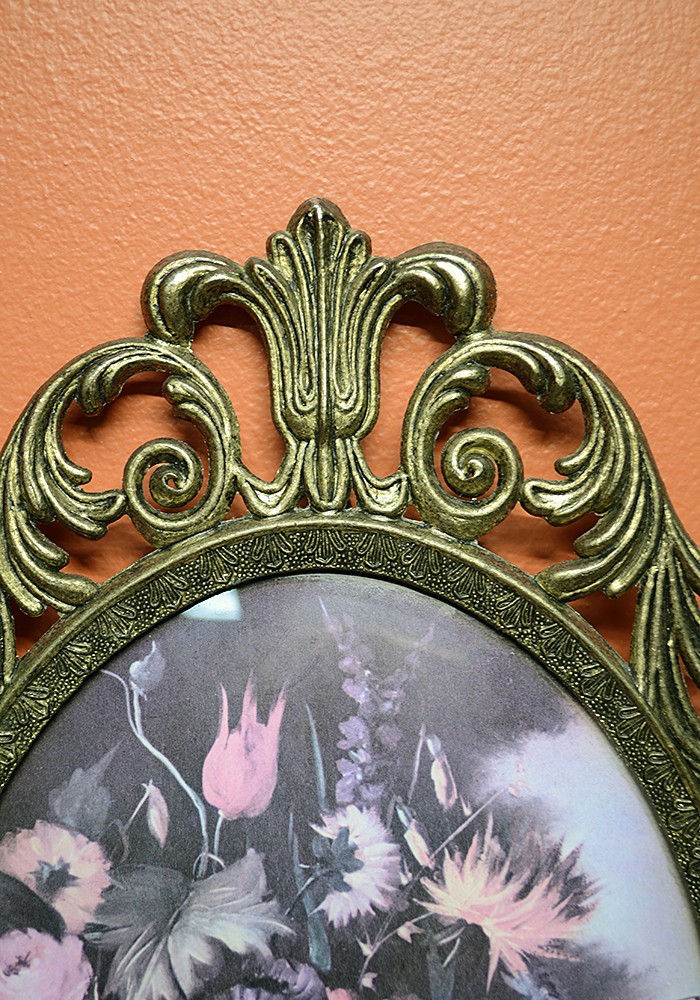 Vintage Italian Floral Print With Convex Bubble Glass Ornate Brass