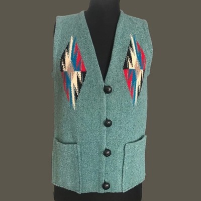 Vintage Ortega's handwoven Chimayo Woman's Green Wool Vest deep Front Pockets S
