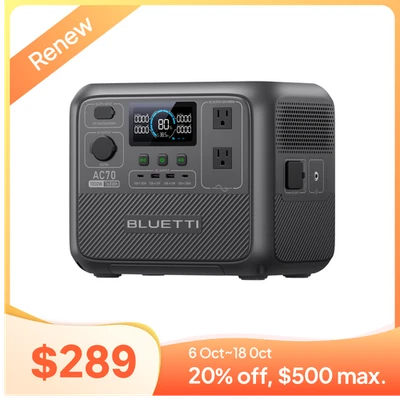 BLUETTI AC70 1000W 768Wh Portable Power Station Solar Generator for Outdoors - Picture 1 of 17