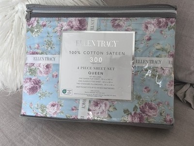   LOVELY ELLEN TRACY PINK ROSES QUEEN SHEET SET ON PALE Blue COTTAGE CHIC