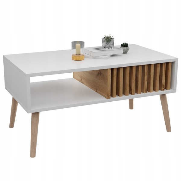 Skandinavischer Couchtisch, Lamellen, Weiß/Wotan, Lofttisch Mit Ablage-image