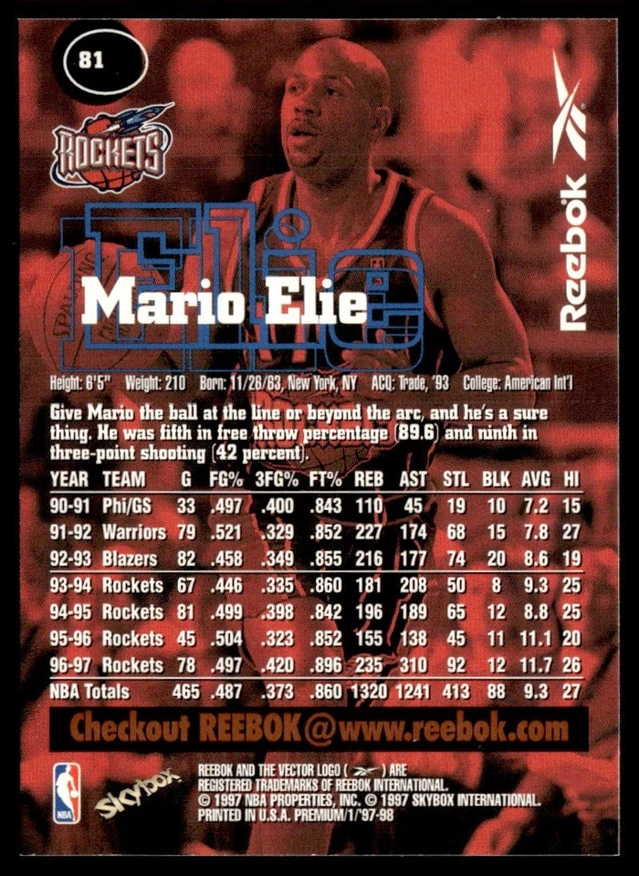 1997-98 SkyBox Premium Reebok Bronze Mario Elie Houston Rockets #81 - Image 2 of 2