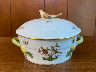 Herend Rothschild Bird Medium Round Covered Vegetable Bowl #43, bird finial, FAB