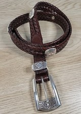 Brighton Hand Woven Brown Leather Belt Silver Buckle  Medalions 02108 Size Med