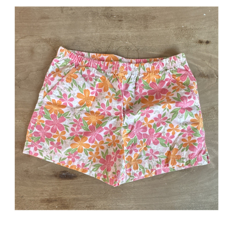Lands' End Girls Floral Cotton Casual Shorts S Elastic Waist Pink Orange