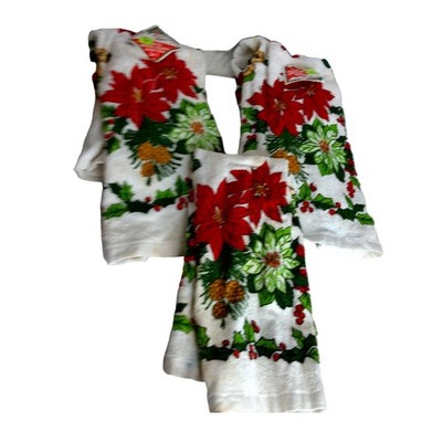 Vintage Christmas Holiday Poinsettia Kitchen Towels Set of 3 READ