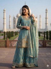 Stunning Silk Sea Green Top Palazzo With Dupatta For Women Festival Wear