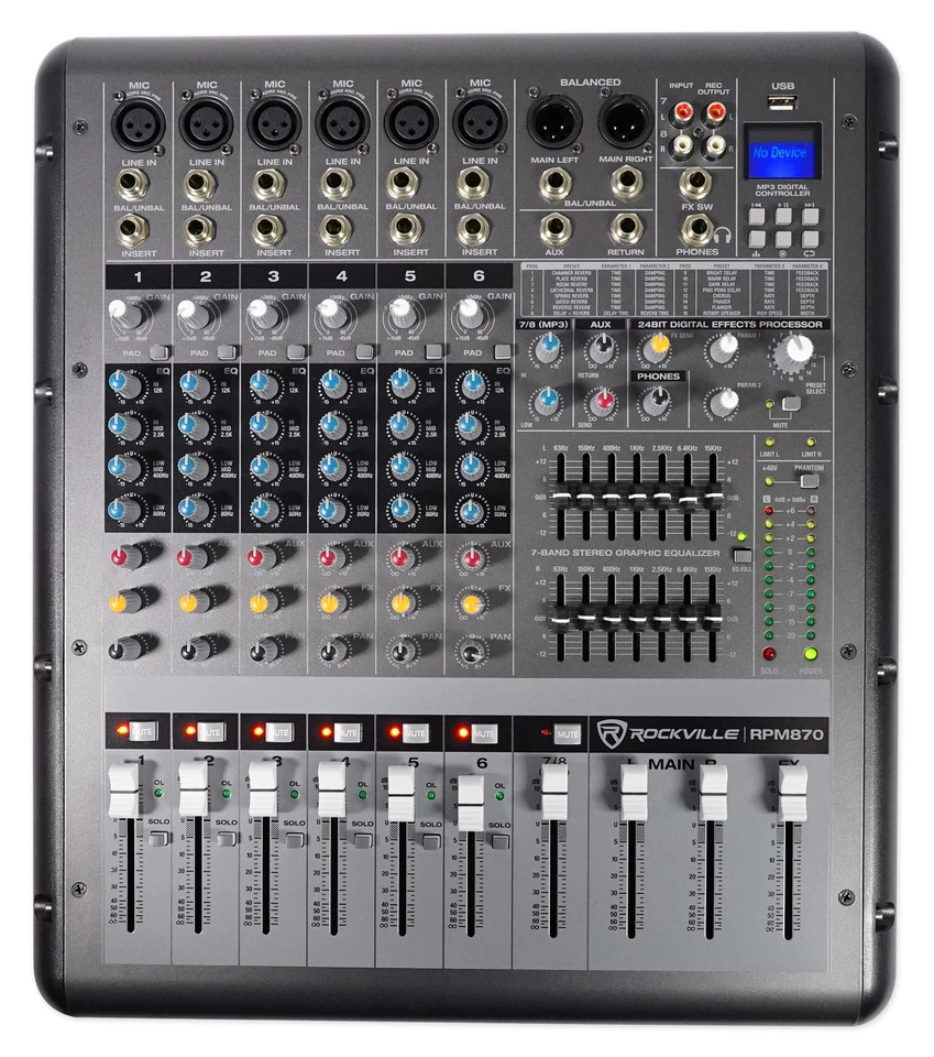 Rockville RPM870 8 Channel 6000w Powered Mixer, USB, Effects+3) Mics+Case+Cables - Image 3 of 4