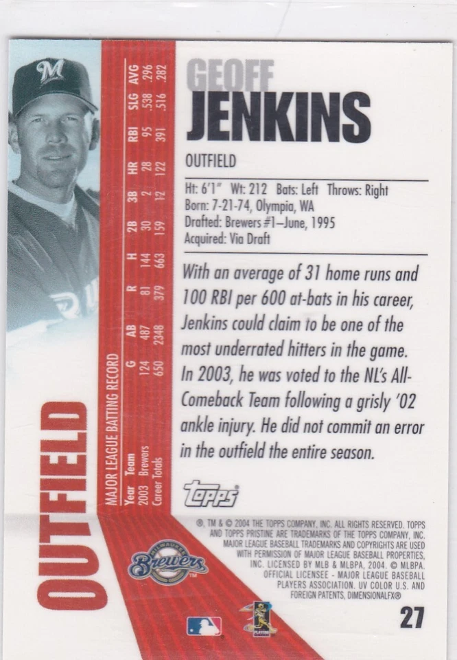 2004 Topps Pristine #27 Geoff Jenkins Brewers Free Shipping! - Image 2 of 2