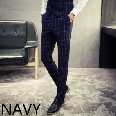Men Tailored Trousers Suit Pants Check Plaid Western Slim Office Business Wear - Image 1 of 4