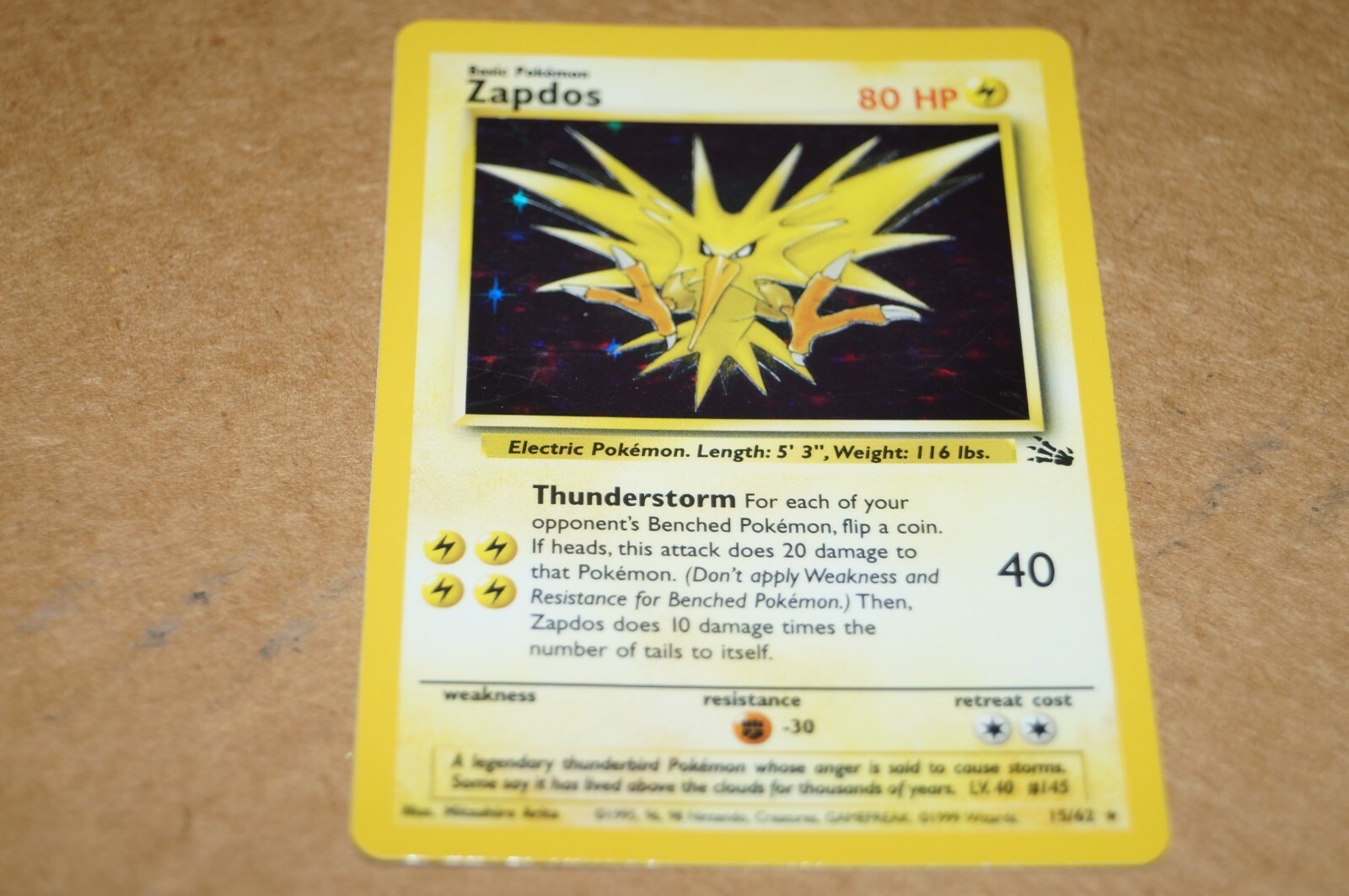 1999 POKEMON ZAPDOS HOLO 15/62 CARD