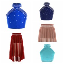 Kids Girls Dress Samba Dancewear Training Skirt Lyrical Dance Rhinestones Mesh