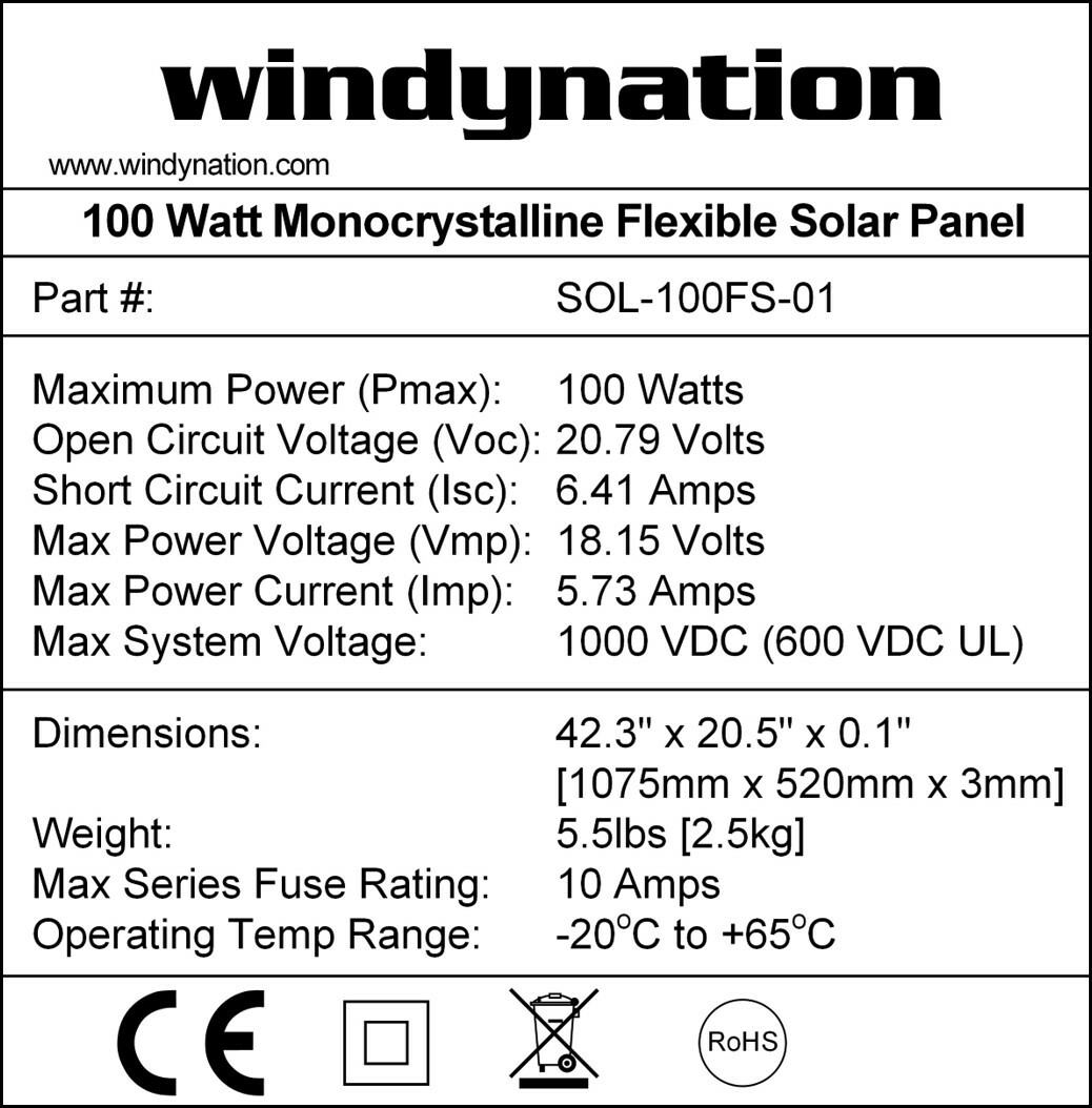 WindyNation 100 Watt 12V Flexible Monocrystalline Solar Panel Battery Charger