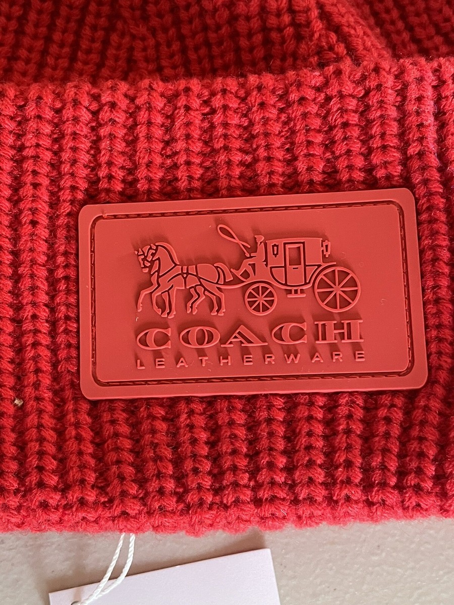Coach Patch Logo Beanie Hat- Sport‎ Red COACH WOOL BLEND LEATHER PATCH BEANIE IN SPORT RED ONE SIZE  main image 3