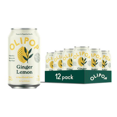 OLIPOP Prebiotic Soda, Ginger Lemon, 12 Fl Oz, 12 Pack Gluten Free Low in Sugar