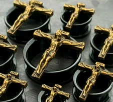 PAIR Jesus Crucifixion Screw Fit Tunnels Plugs Gold Black Steel Earlet Gauges