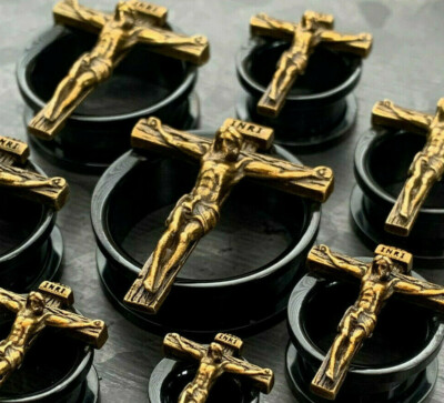 PAIR Jesus Crucifixion Screw Fit Tunnels Plugs Gold Black Steel Earlet  Gauges