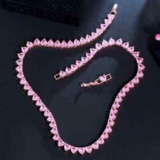 30Ct Heart Cut Pink Sapphire Tennis Women's Necklace 14K Rose Gold Finish 18" In