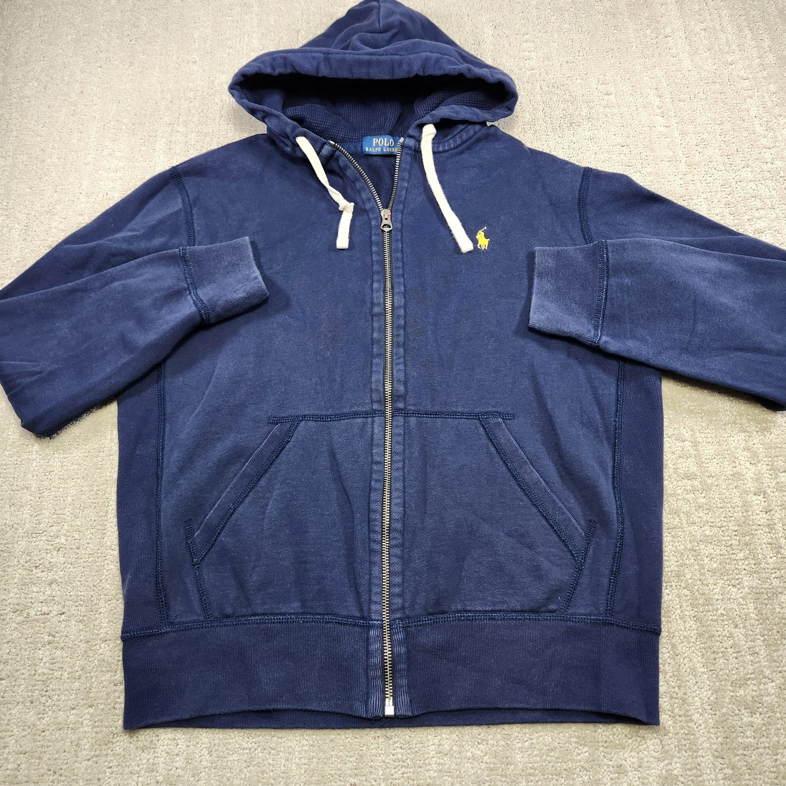 Polo Ralph Lauren Hoodie Men Medium Thermal Hood Full Zip Cotton Fleece Blue