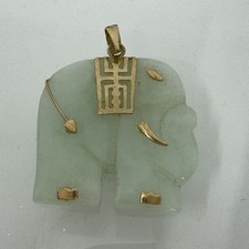 Jade Elephant Pendant With 10K Gold Accent Charm For Necklace 6.9g