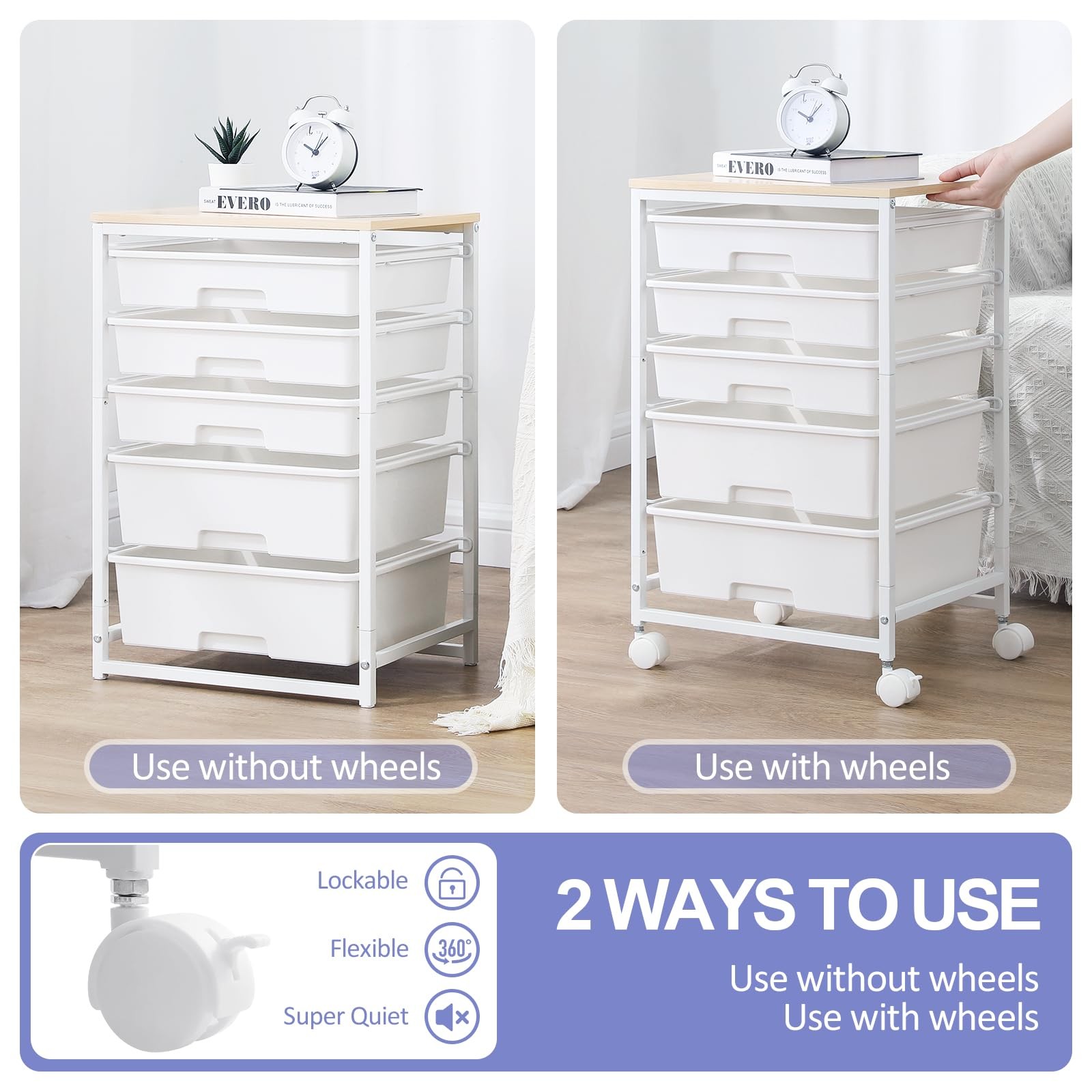 Utility Cart with 5 Drawers,Storage Drawer Cart with Wooden Tabletop and Lock...