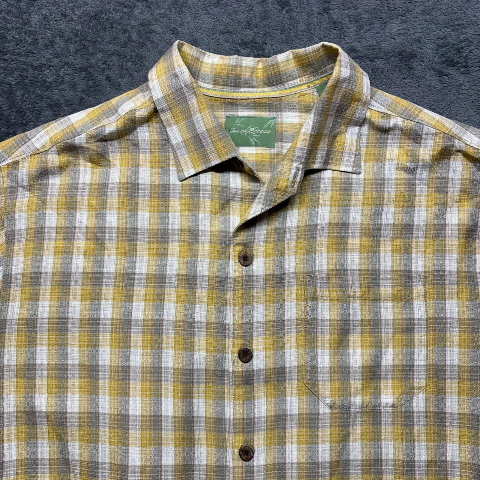 Tommy Bahama Shirt Mens XL Yellow Plaid Button Up Short Sleeve 100% Silk Preppy