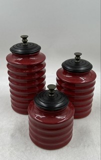 Pier 1 Imports Red Black Kitchen Storage Stoneware Canisters Set Of 3