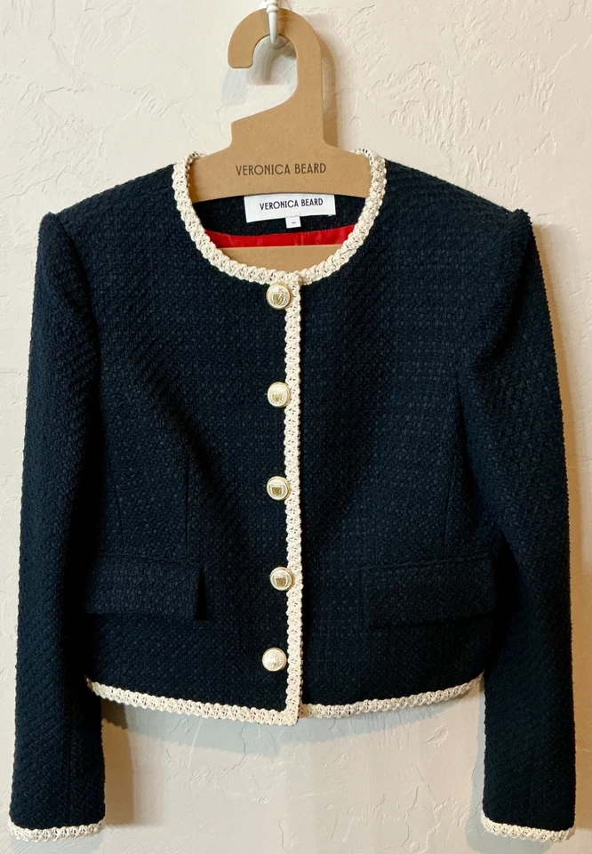 NUEVO SIN ETIQUETAS $698 BARBA VERÓNICA Mabel Chaqueta Tweed Azul Marino Borde Crema y Botones Dorados - 10 Foto 3 de 4