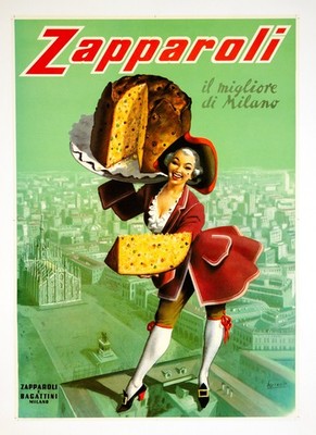 ORIGINAL Zapparoli Panettone Cake Poster  Boccasile 1950 Vintage Linen Backed