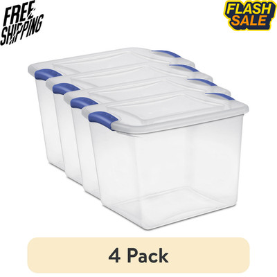 4 Pack Sterilite 27 Qt Clear Medium Latching Storage Bin with Blue Lid