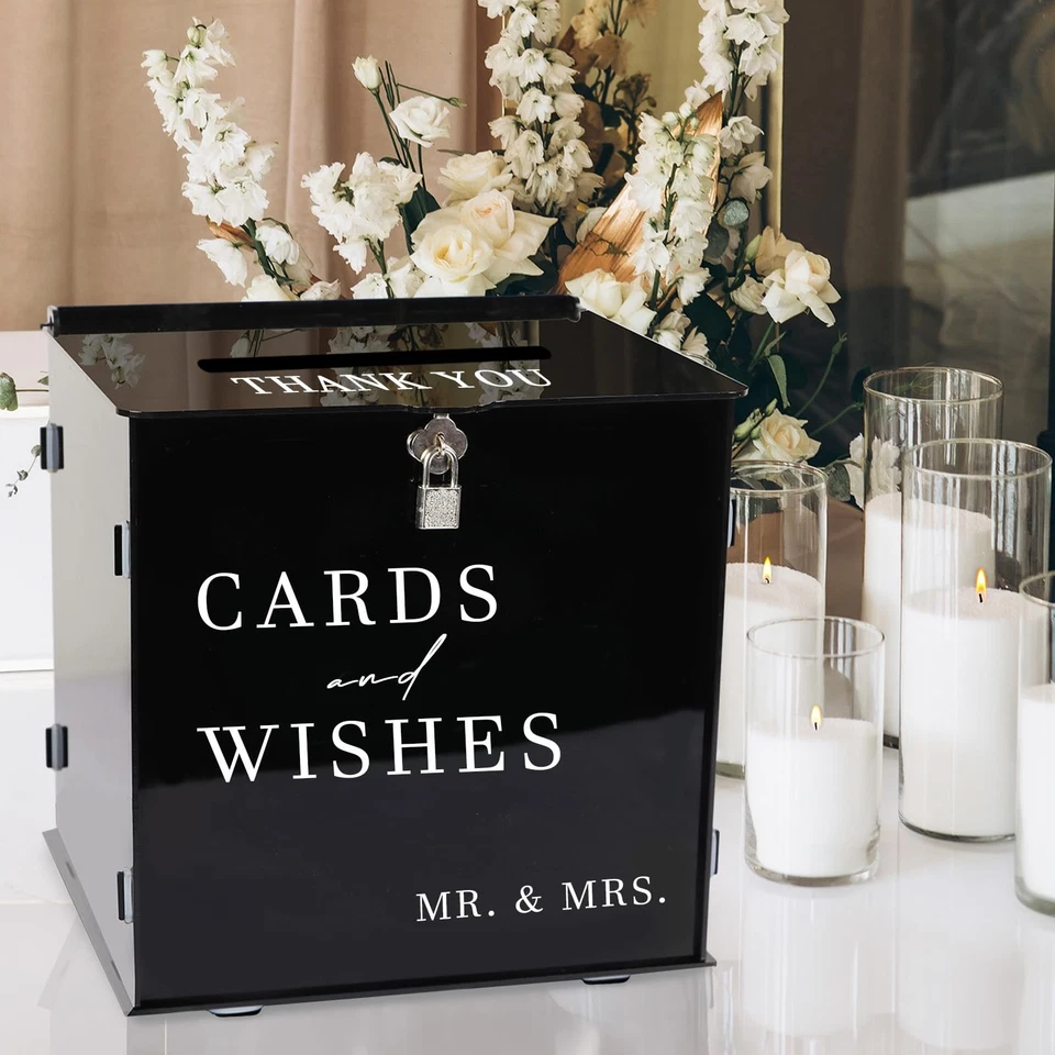 Черная акриловая коробка для карт со слотом и замком, сделай сам большие коробки для свадебных карт для рецепта... - Изображение 4 из 4