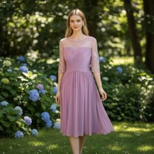 Azazie Chiffon Dress Lace Sleeve Party Cocktail Formal Mauve Pink Sz 4/ #5145