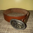 Replica Confederate "CS" Belt Buckle on Brown Leather Belt 48-S Excellent Cond.