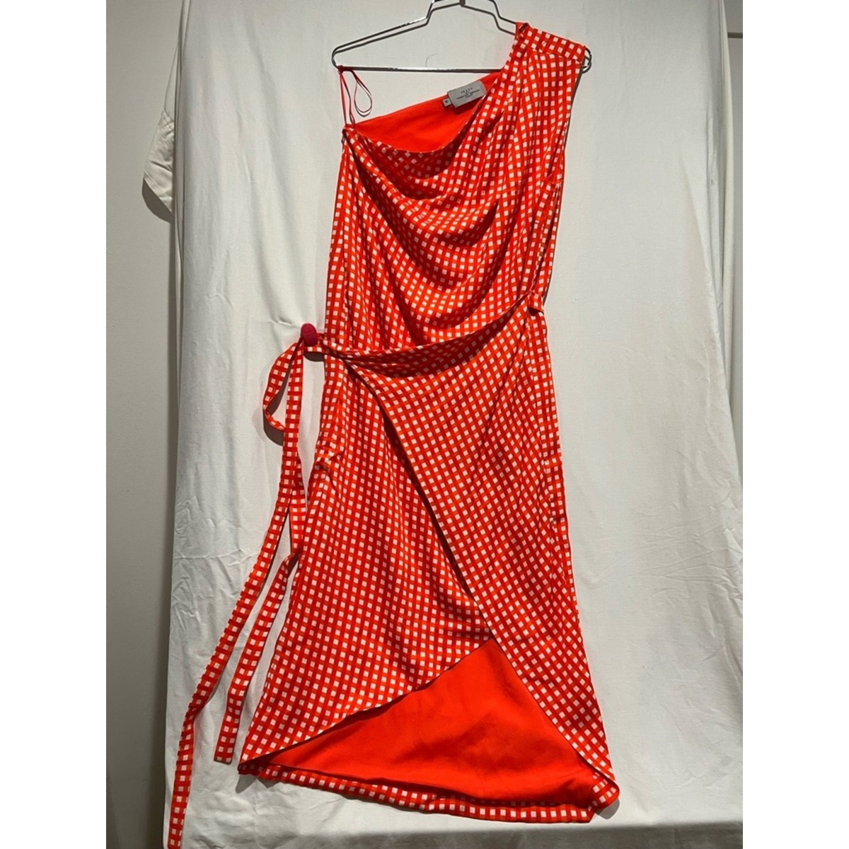 Preen Thornton Bregazzi One Shoulder Gingham Wrap Dress Tomato Red White 6  | eBay