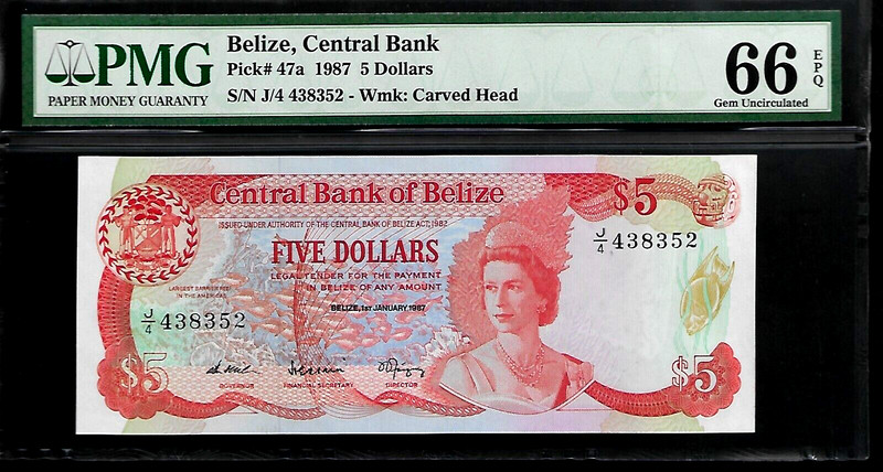 Belize 5 Dollars 1987 PMG 66 EPQ UNC Pick # 47a Queen Elizabeth II