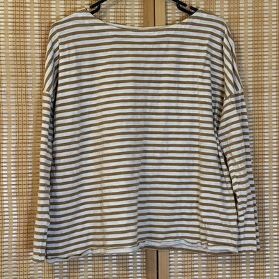 J. JILL Womens PL Top Striped Brown Cream 3/4 Sleeve Preppy Active Leisure Coast
