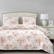 Collette Blush Floral Country Home Reversible Full Queen 3 Pc Quilt Bed Set