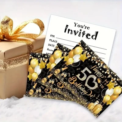TOPACAKE 10 BLACK GOLD 50TH HAPPY BIRTHDAY PARTY INVITATIONS INVITES WITH ENVELOPES