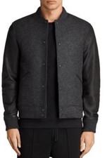 Image of AllSaints Men’s “Marley Bomber” Varsity Wool/Leather Jacket Charcoal Grey/Black