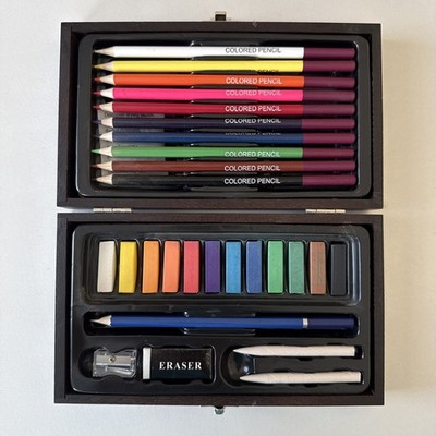 Boxed Drawing Set 28 Pieces Wood Case Colored Pencils- Soft Pastels - Eraser
