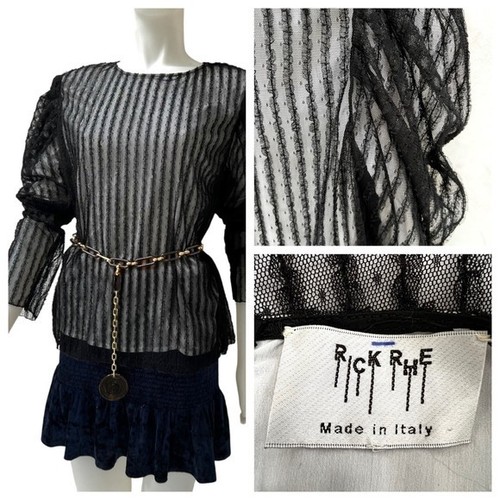 Rick Rhe Black Sheer Mesh Puff Sleeve Striped Blouse Italy Large Fairy Whisygoth