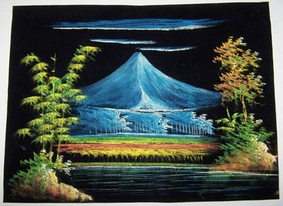See Vulkan GEMÄLDE Schwarz Berg Asien Bild Malerei Palmen Samt BALI Handgemalt