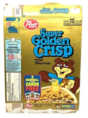 1990 Post Super Golden Crisp Cereal cereal box - 3 Free Baseball Cards