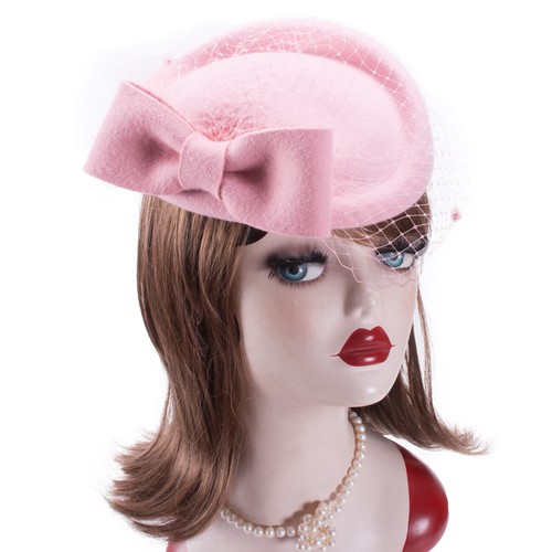 Retro Womens Dress Fascinator Wool Felt Pillbox Hat Party Wedding Bow Veil A082 - Picture 53 of 65