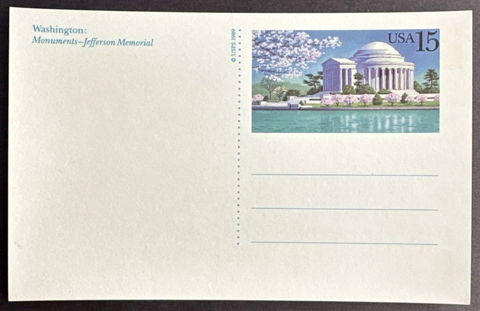 US 1989 Sc# UX144 Unused Jefferson Memorial Postal Card 15c Washington Monuments - Image 2 of 2
