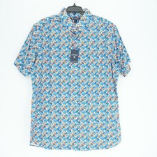 Cremieux Men's Short-Sleeve Shirt L Blue White Orange Gray Floral Cotton NWT 75